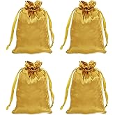 MECCANIXITY Satin Bags with Drawstring, 4x6 Inch Wedding Favor Bag Mini Gift Packaging Bag for Birthday Christmas Jewelry Party (Gold, Pack of 4)
