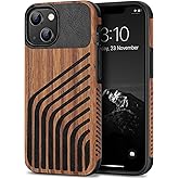 TENDLIN Compatible with iPhone 14 Case Wood Grain with Carbon Fiber Texture Design Leather Hybrid Slim Case (Hairline)