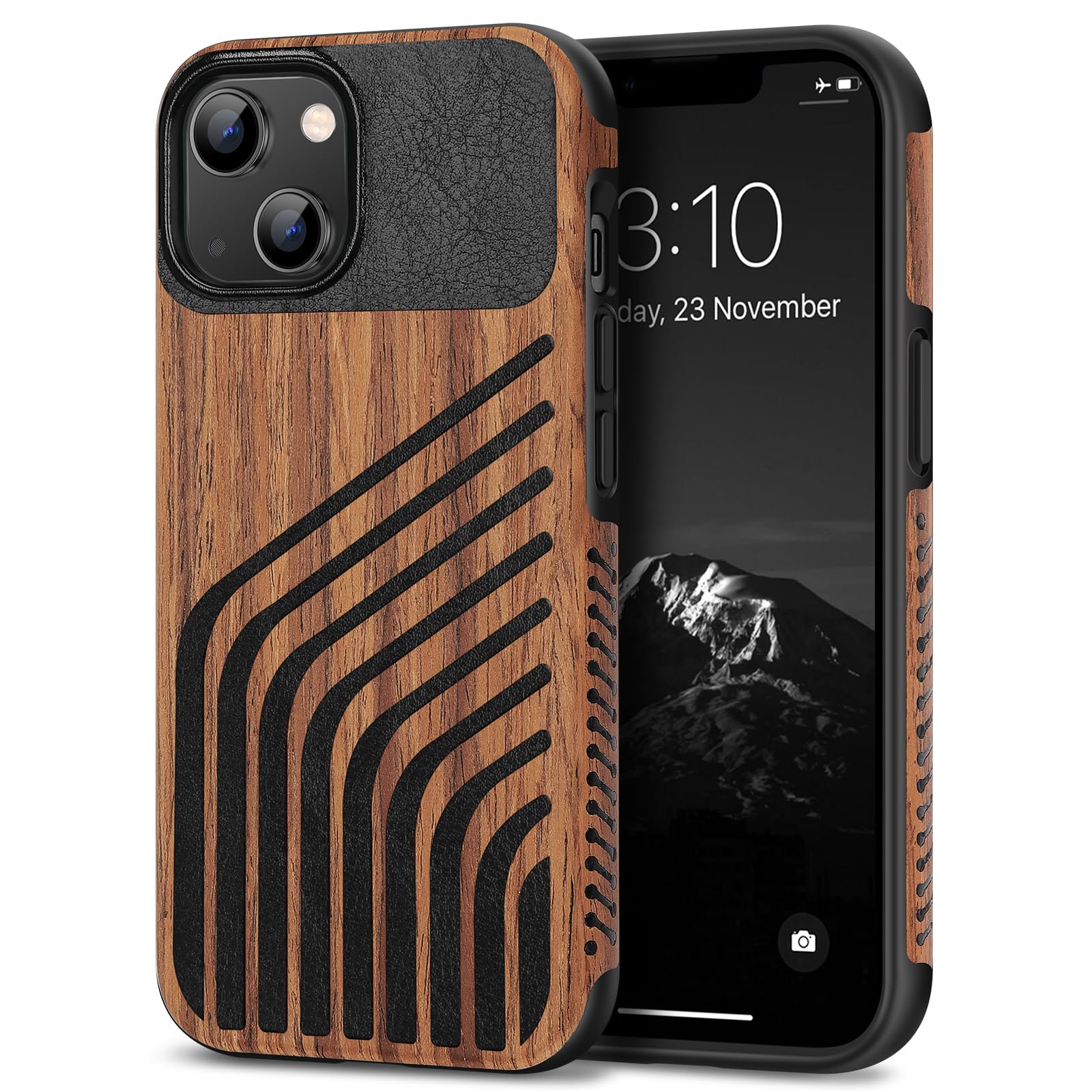 TENDLIN Compatible with iPhone 13 Case Wood Grain with Carbon Fiber Texture Design Leather Hybrid Slim Case (Hairline)
