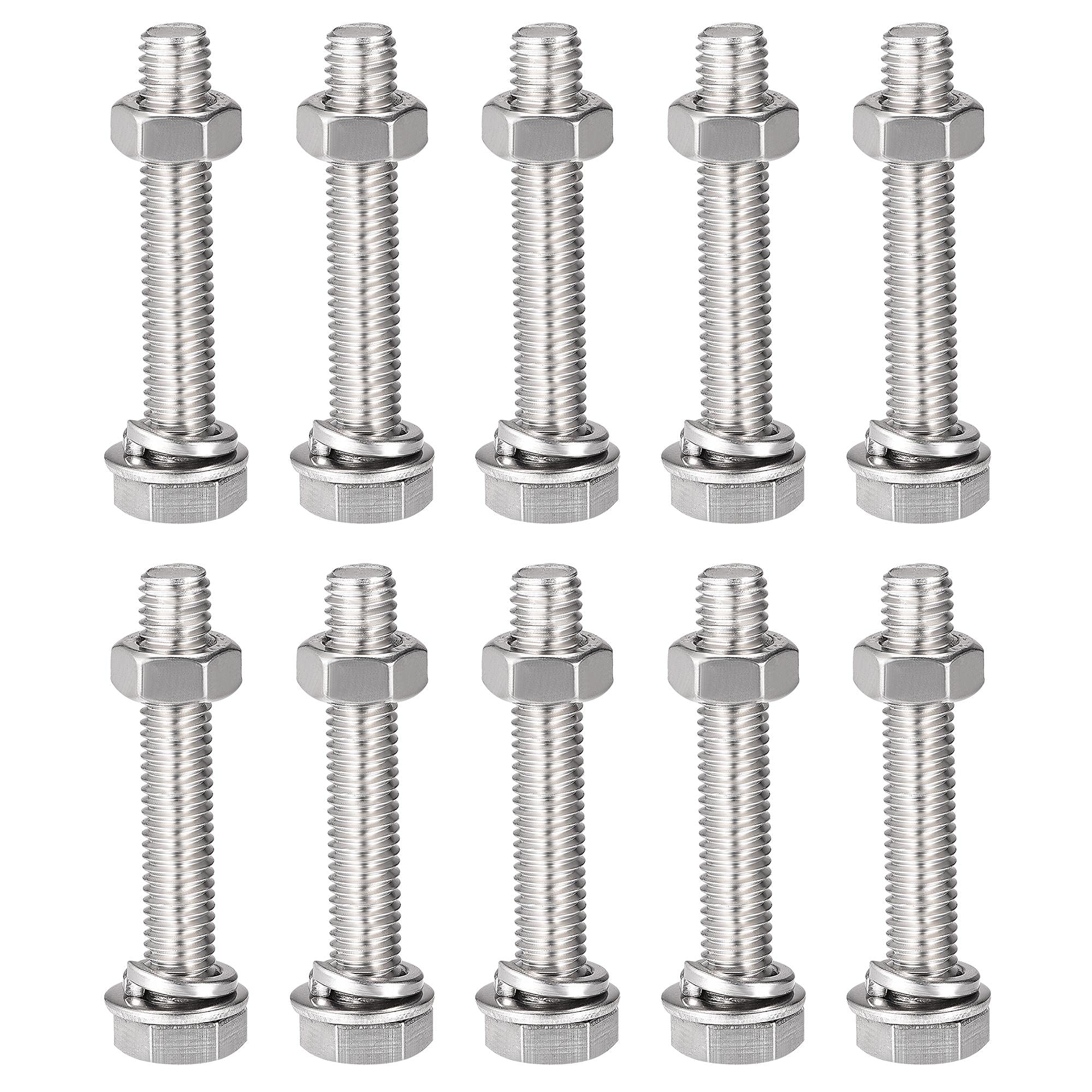 sourcing map M8 x 45mm Hex Head Screws Bolts, Nuts, Flat & Lock Washers Kits, 304 Stainless Steel Fully Thread Hexagon Bolts 10 Sets