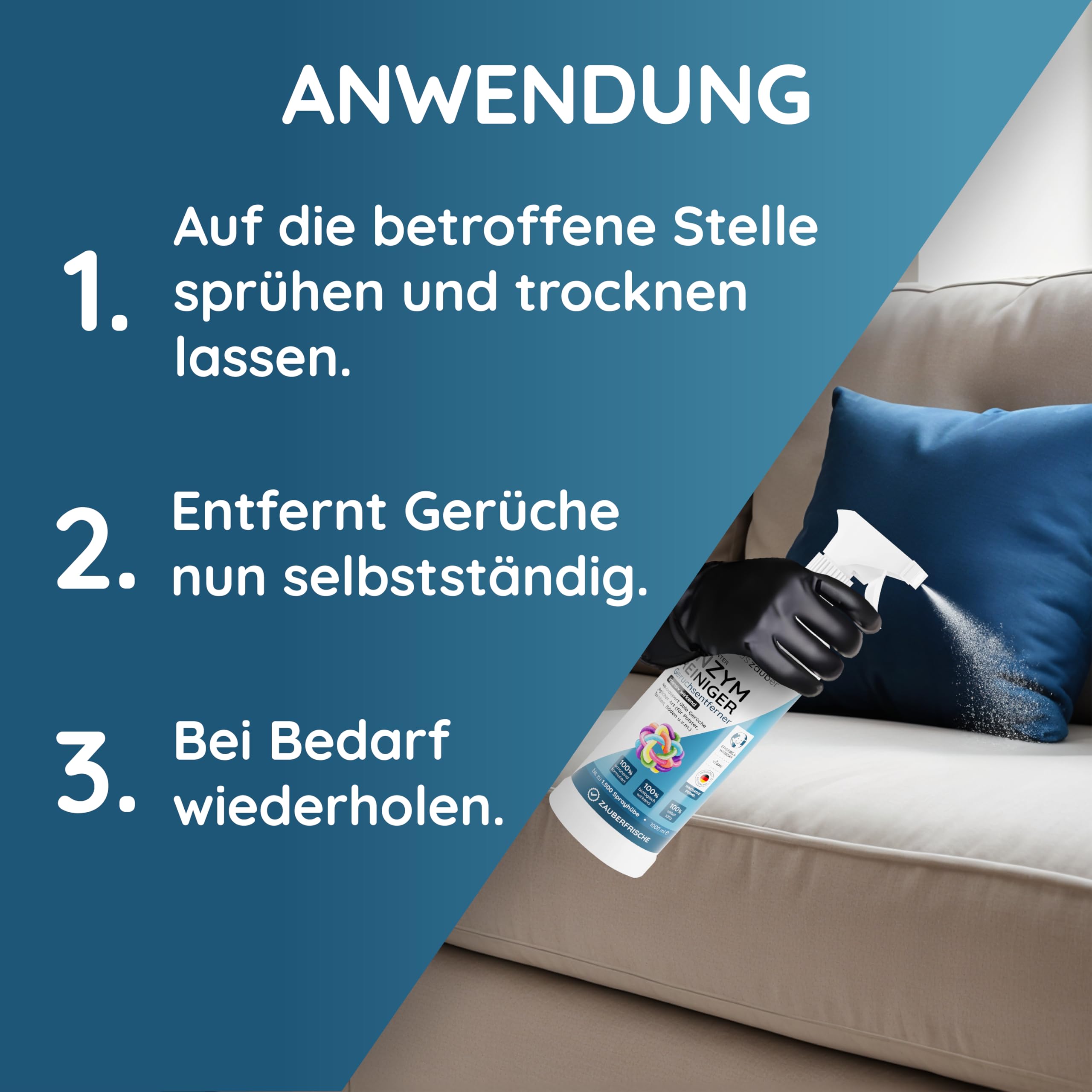 hauszauber - Enzymreiniger [STARKER GERUCHSENTFERNER] 1000 ml - Gegen Katzenurin, Hundeurin etc. - Üble Gerüche aus Sofa & Teppich entfernen - Geruchsneutralisierer - Zauberfrische 6