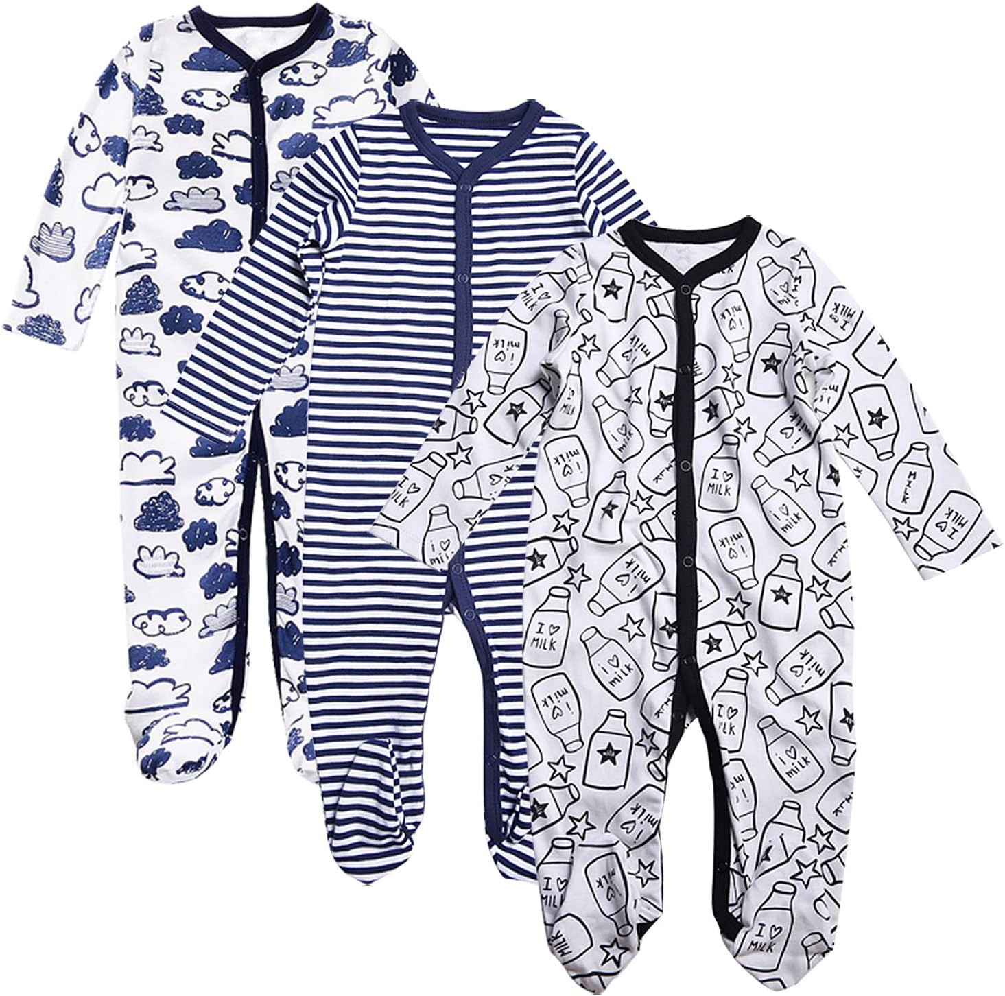 Baby Boys' Footed Sleeper Pajamas 3 Pack Long Sleeve Footie Pjs 0-18 Months