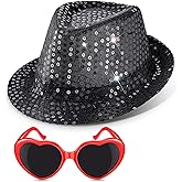 Geyoga 2 Pcs Halloween Costume Accessories Black Sequin Hat Women Heart Shaped Sunglasses Black Disco Hat Sequins Party Hats for Adults Retro Disco Concert Party Supplies