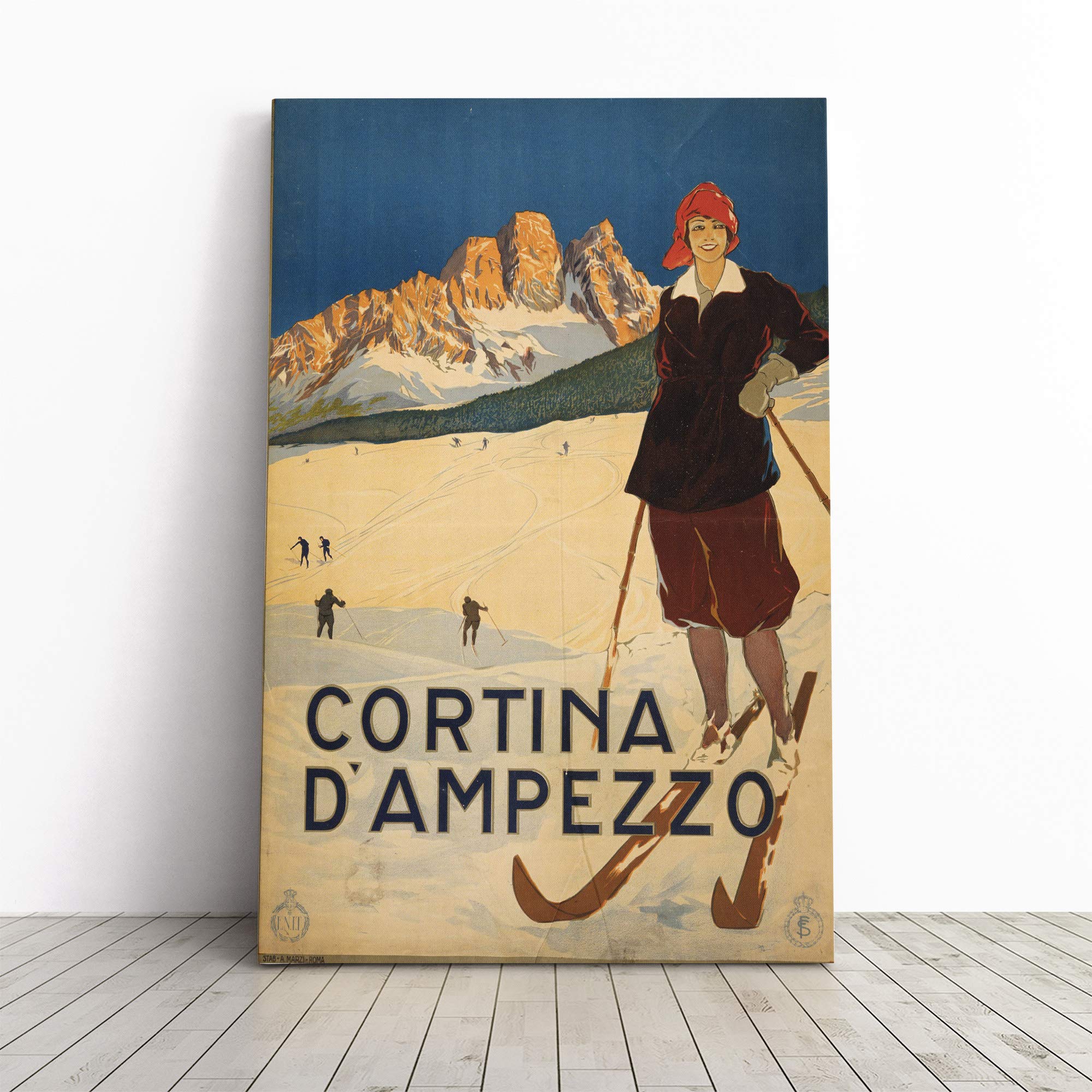 Poster Cortina d Amprezzo Ski Travel Canvas Print | Gallery Wrapped 30mm Frame Wall Art | 20x14 inches | Ready to Hang | Retro Picture | Living Room Bedroom Lounge Office