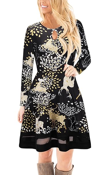 ECOWISH Damen Langarm Weihnachten Cocktailkleid Schneemann Festlich Partykleid A-Linie Kleid