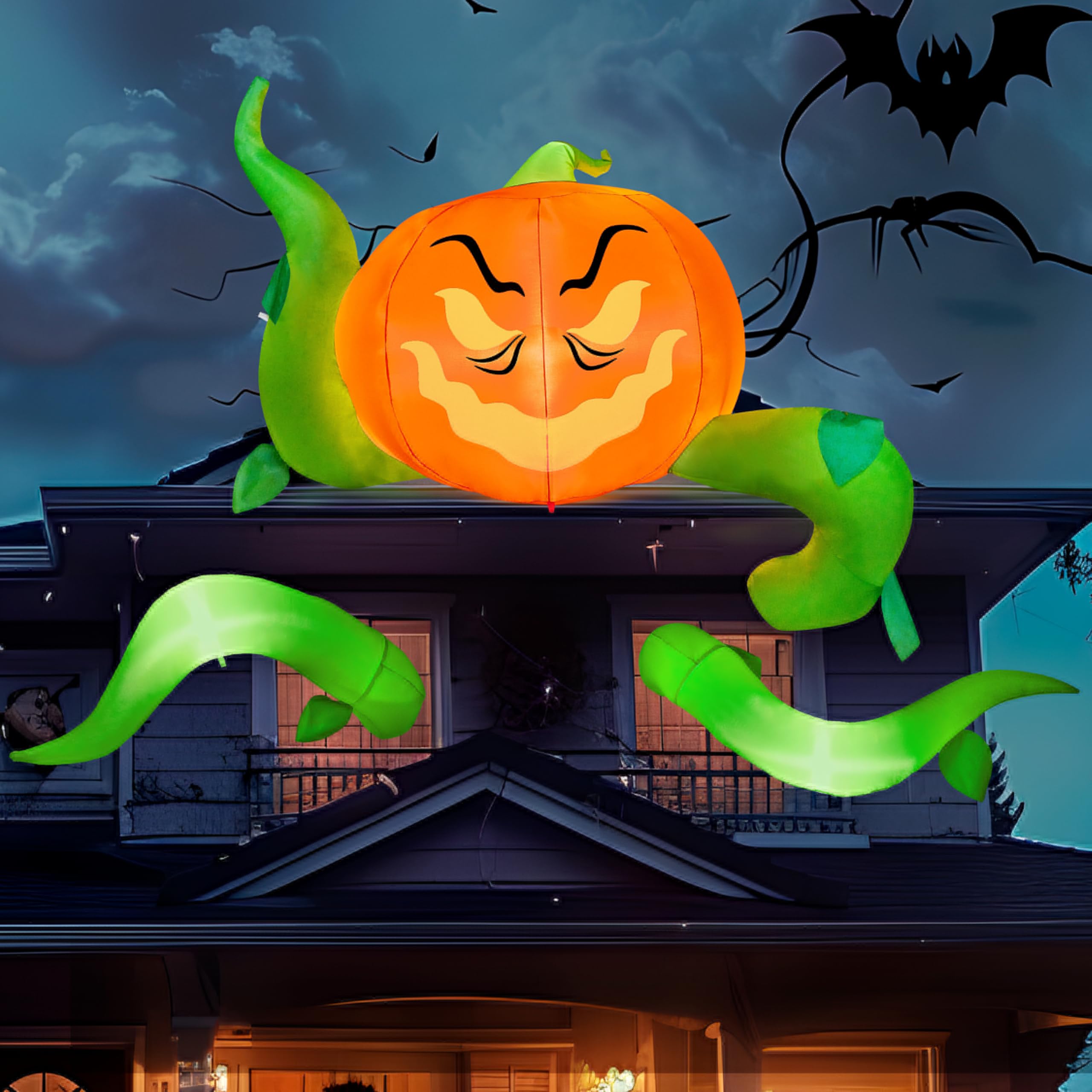 Photo 1 of Joiedomi 3 Pcs Halloween Inflatables Pumpkin Head with Tentacles Outdoor Window Decoration Blow Up with Build-in LEDs Halloween Inflatable Pumpkin Head with Tentacles Party Supplies Outside Roof Decor