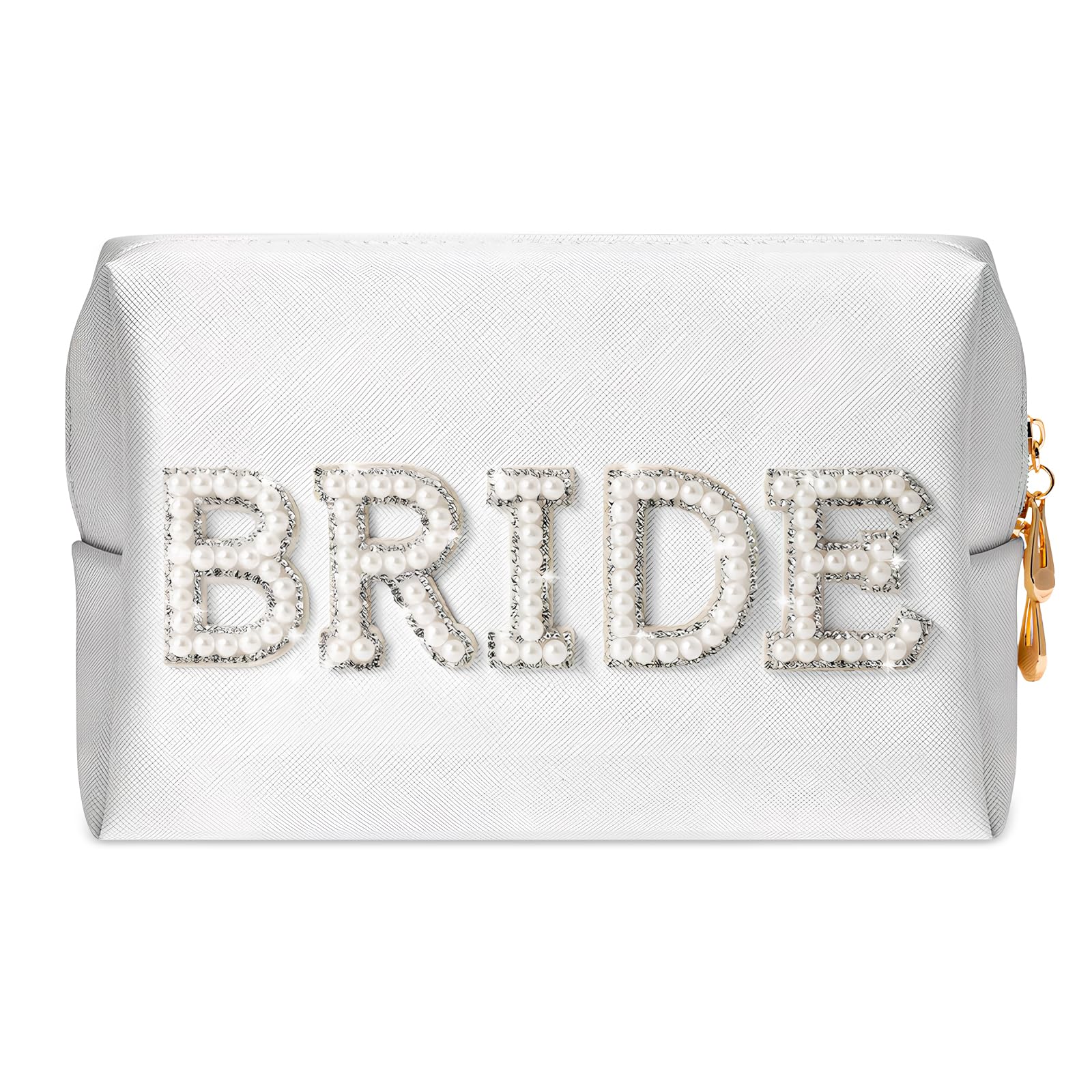 Amexo Bride Letter Makeup Bling Pearl Rhinestone Bride Letter Cosmetic Bag Waterproof PU Travel Toiletry Bag Portable Makeup Organizer Bag Bride to Be Gifts for Bachelorette Party Wedding