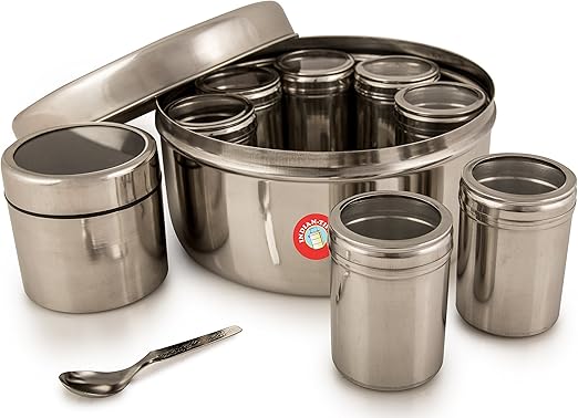Fabricada a mano indio para especias Masala Dabba caja de almacenaje con tapas herméticas (tapa de acero): Amazon.es: Hogar