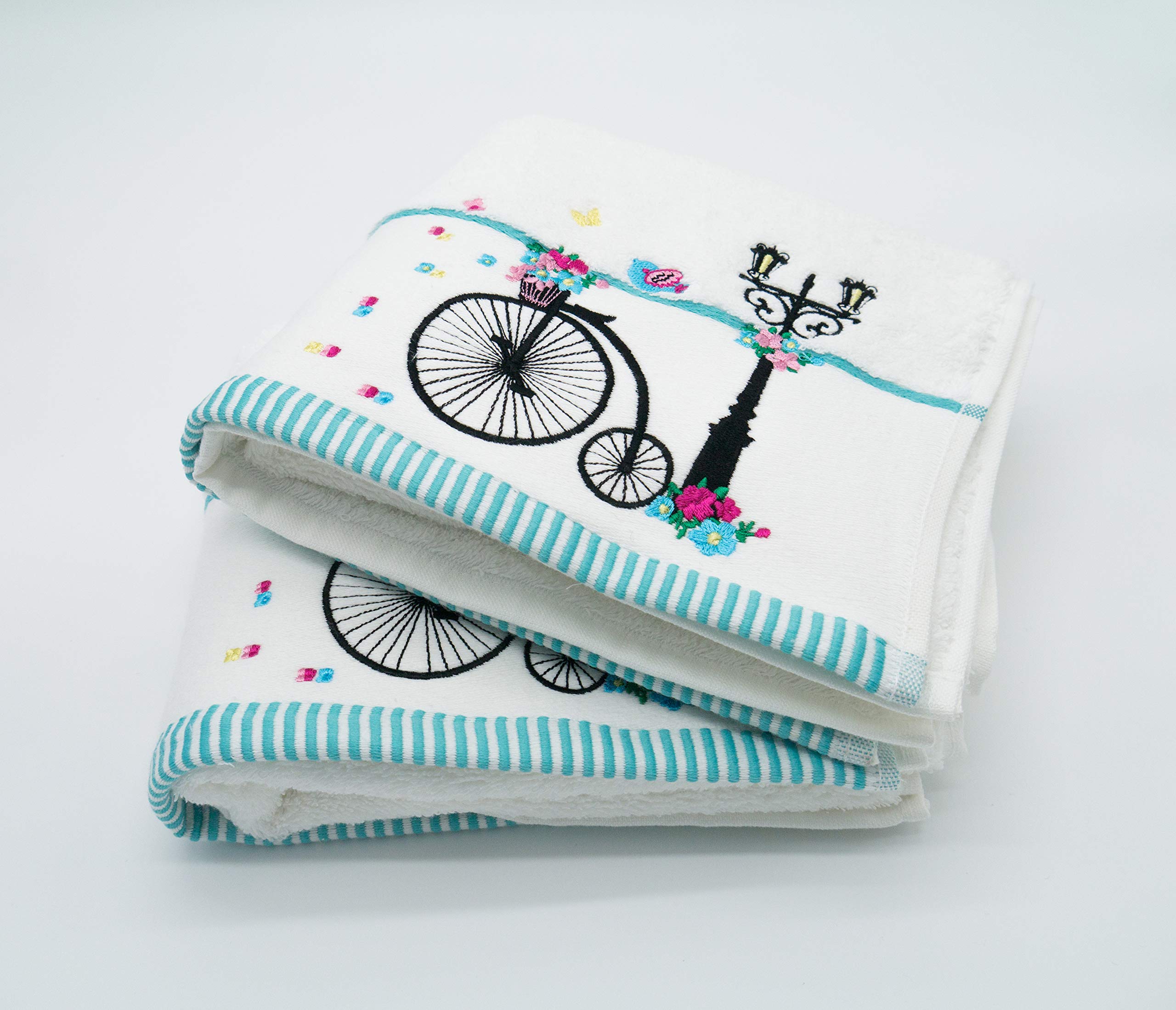 Lex's Linens Pack of 2 Penny-Farthing Bicycle, Lamp & Floral Embroidered Hand Towels