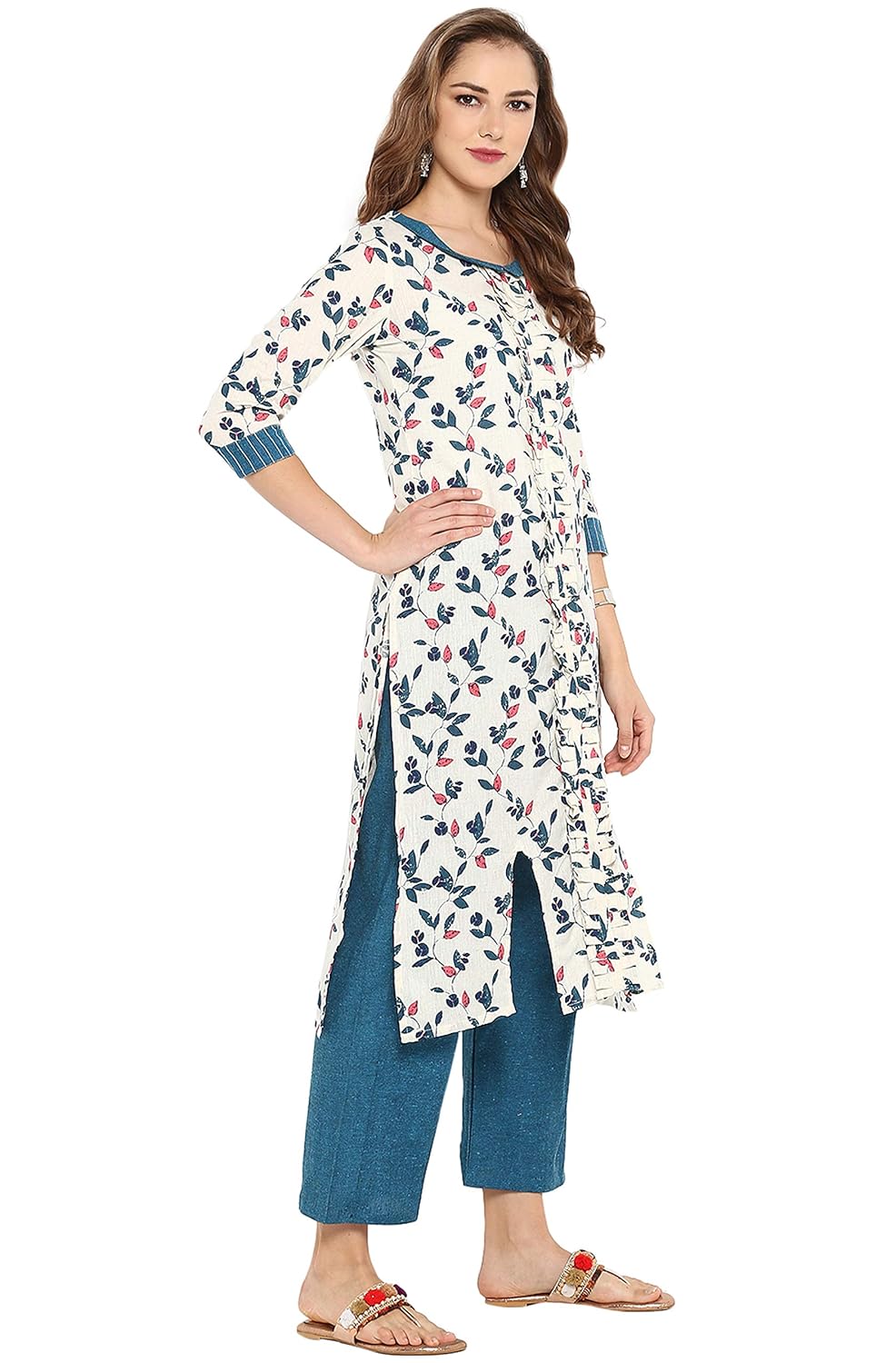 janasya women's cotton floral print straight kurta with straight pant