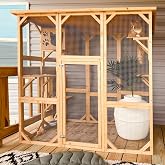 Grepatio Cat Enclosure Large Outdoor Catio Wooden Cat House with Weatherproof, Cat Cage Condo Indoor Playpen with Platform and Small House (Natural)