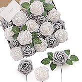 Ling’s Moment Artificial Flowers 25Pcs Silver & Grey Roses Decor w/Stems,3" Real Touch DIY Foam Floral for Wedding Bouquet/Centerpieces, Outdoors Party Backdrop, Room/Table, and Garden/Pot Decorations