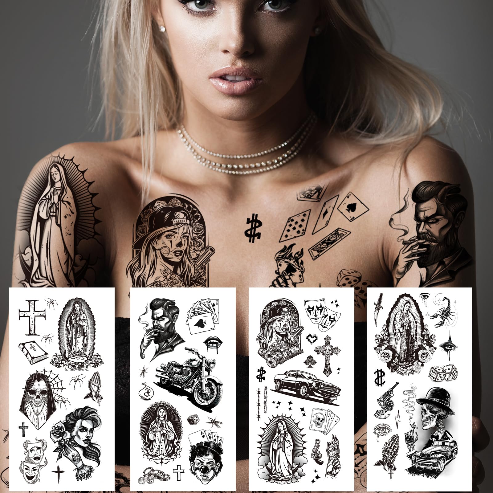 12 Sheets Large Chicano Temporary Tattoos, Cholo and Chola Temporary Tattoos, Chicana Guadalupe Gangster Fake Tattoos Day of the Dead, Día de Muertos, Tatuajes Temporales, Halloween Mexico Tattoos