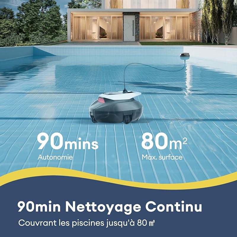 Pooleco 10 Robot Piscine sans Fil, Autonomie 90 Min, Capacité 2,5 L, Double Moteur, Convient aux Piscines Hors Sol et Enterrées Jusqu’à 80㎡