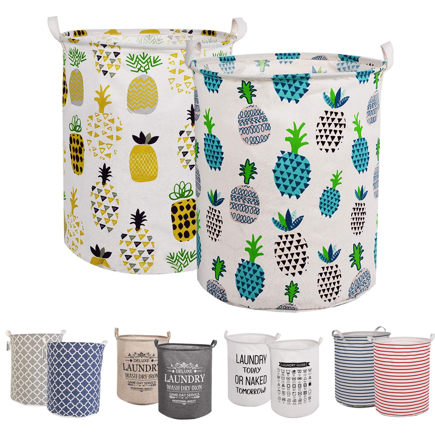 LessMo 2Pcs 17.7" Laundry Hamper, Collapsible Storage Basket With Easy Carry Handles, Waterproof Round Cotton Linen, for Baby Products, Toys, Bedroom Hamper