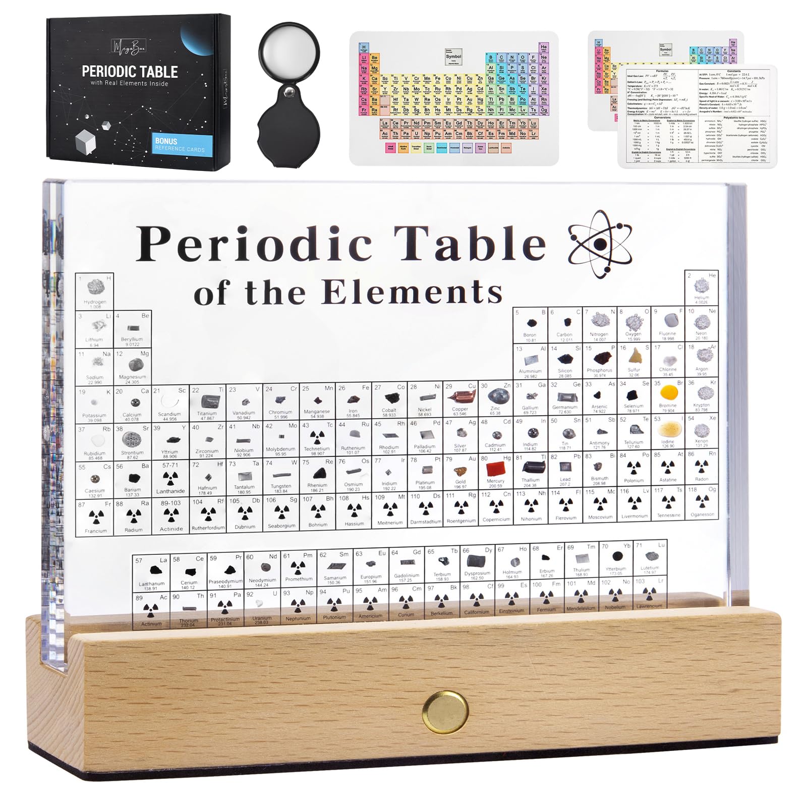 MegaBox Periodic Table With 83 Kinds Of Real Elements With Wooden Stand, Perfect Science Teacher Gift (Large 8.2 X 6.5 in)