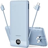 VEGER Portable Charger with Built-in AC Plug and Cables, All in One 10000mAh Ultra Slim Power Bank Travel Essentials, 15W Fast Charging Battery Pack Compatible with iPhone, Samsung, Android (Blue)