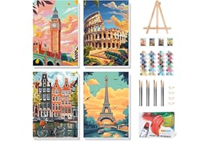 4 Pack Frame Paint by Numbers Adult Kit with Wooden Easel, City Landscape Paint by Number for Beginner, City Travel Oil Paint