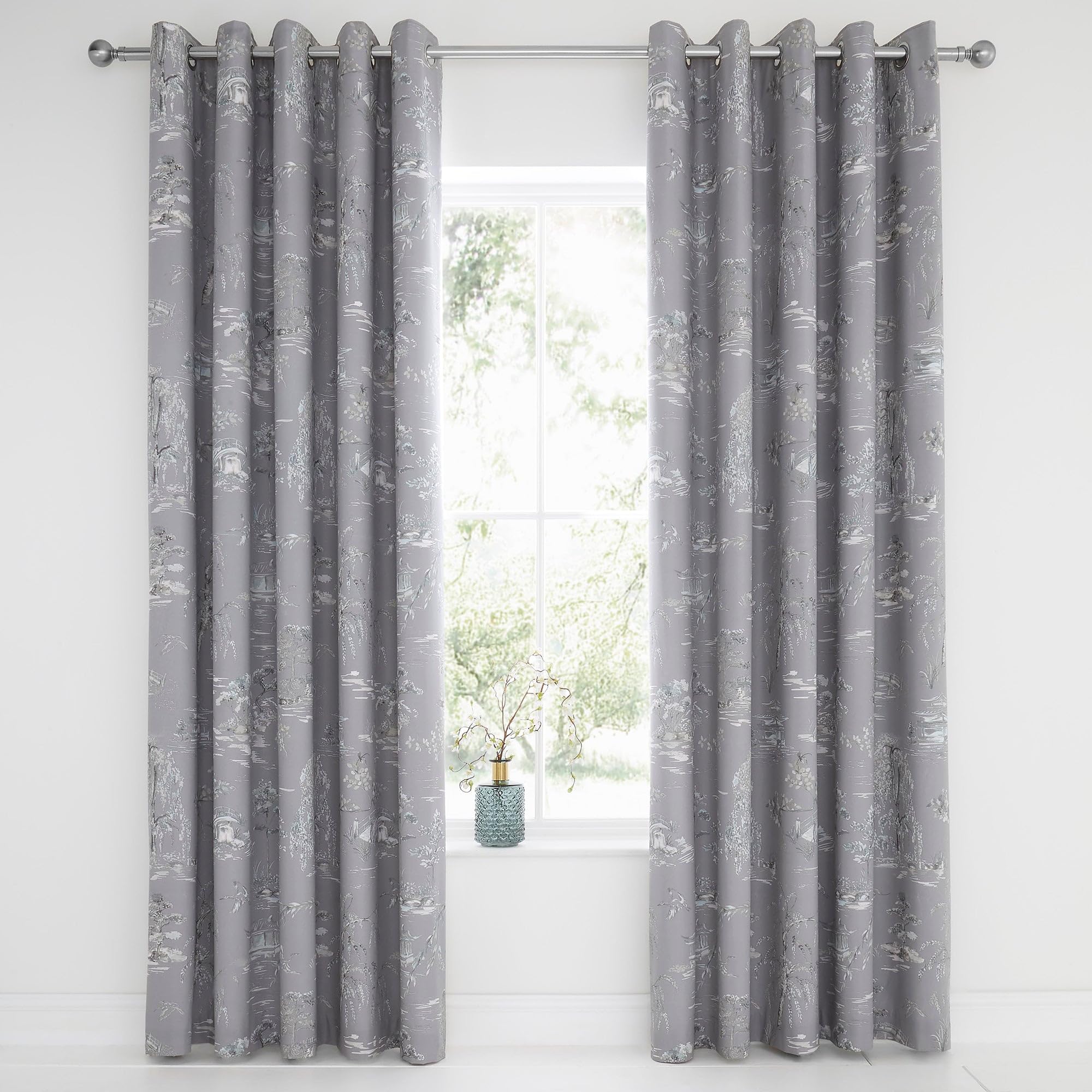 Dreams & Drapes Design - Oriental Garden - Blackout Pair of Eyelet Curtains - 66" Width x 54" Drop (168 x 137cm) in Grey