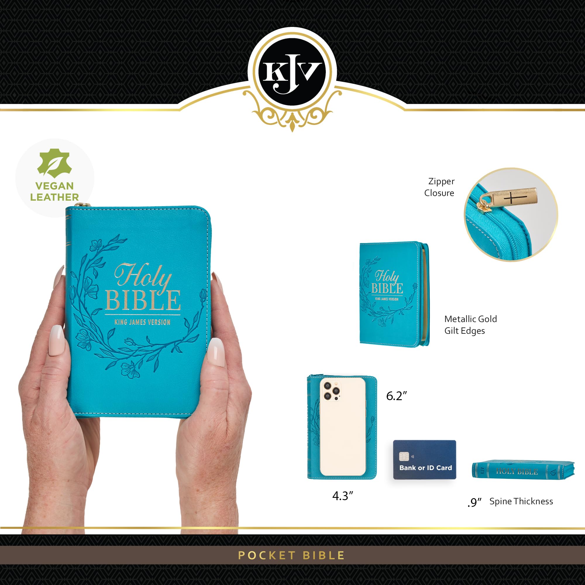 KJV Holy Bible, Mini Pocket Size, Red Letter Edition, Reading Plan, Thematic Verse Finder, Ribbon Bookmark, King James Version, Vegan Leather, Aqua, Zipper Closure, 6.2