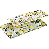 Bico Lemon Dreams Ceramic 14 inch Rectangular Serving Platter, Set of 2, for Serving Salad, Pasta, Cheese, Ham, Appetizer, Microwave & Dishwasher Safe