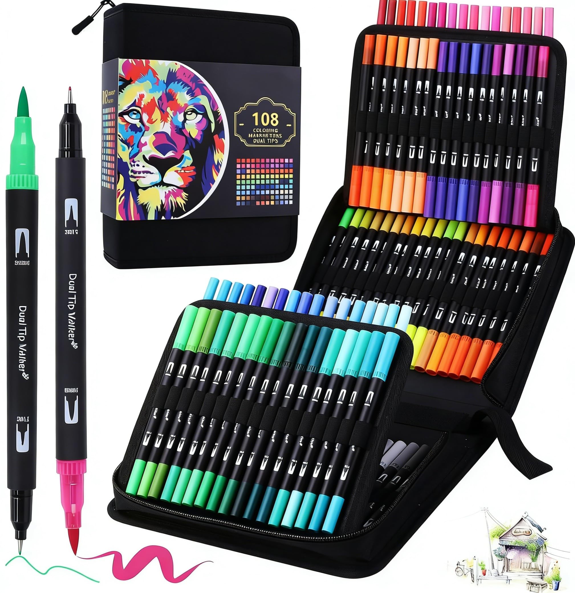 BEMAYSZ 108 Colours Dual Tip Colouring Brush Felt Tip Pens, Pens for Adult Adults Colouring Books Calligraphy Drawing Painting Sketching Highlighting Dual Brush Marker Pens