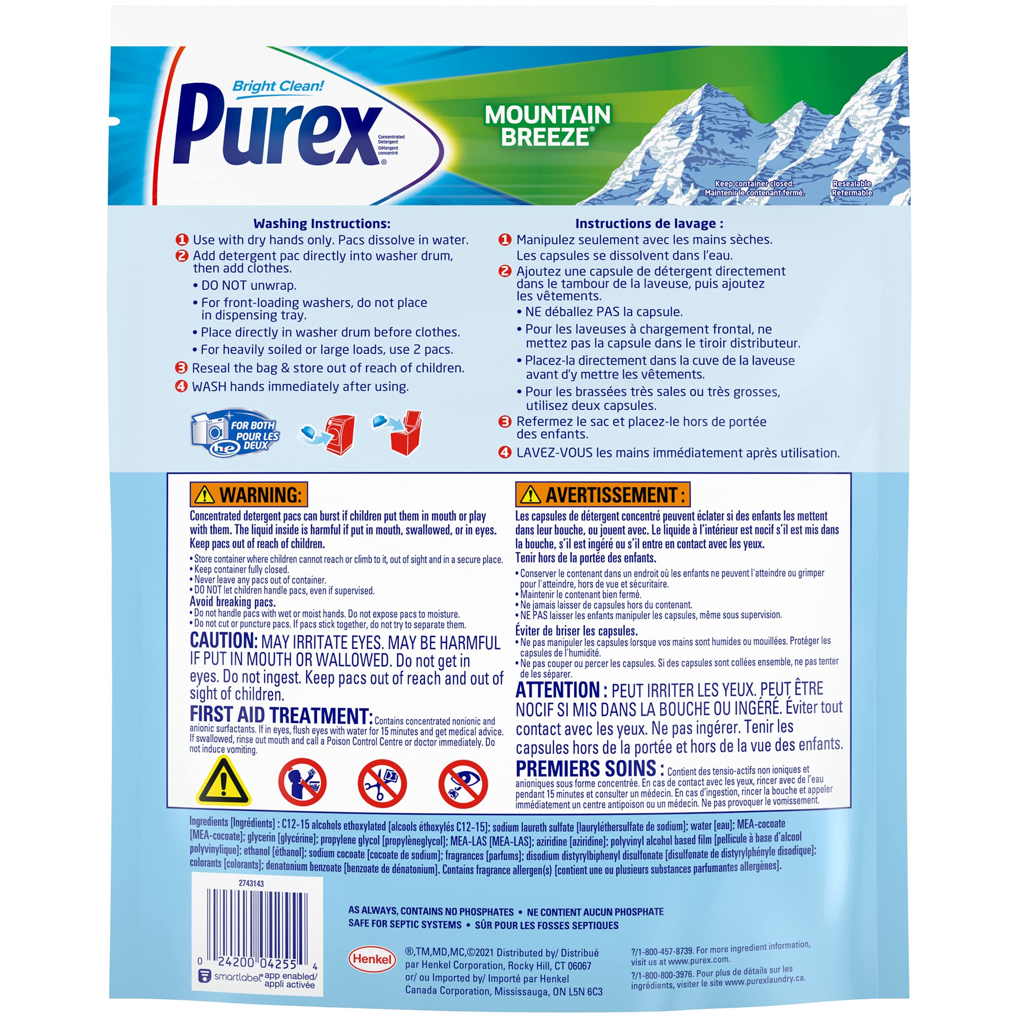 Purex 4-in-1 Laundry Detergent Pacs, Mountain Breeze, 58Count, Pack of 2, Total Loads, 116, 116Count