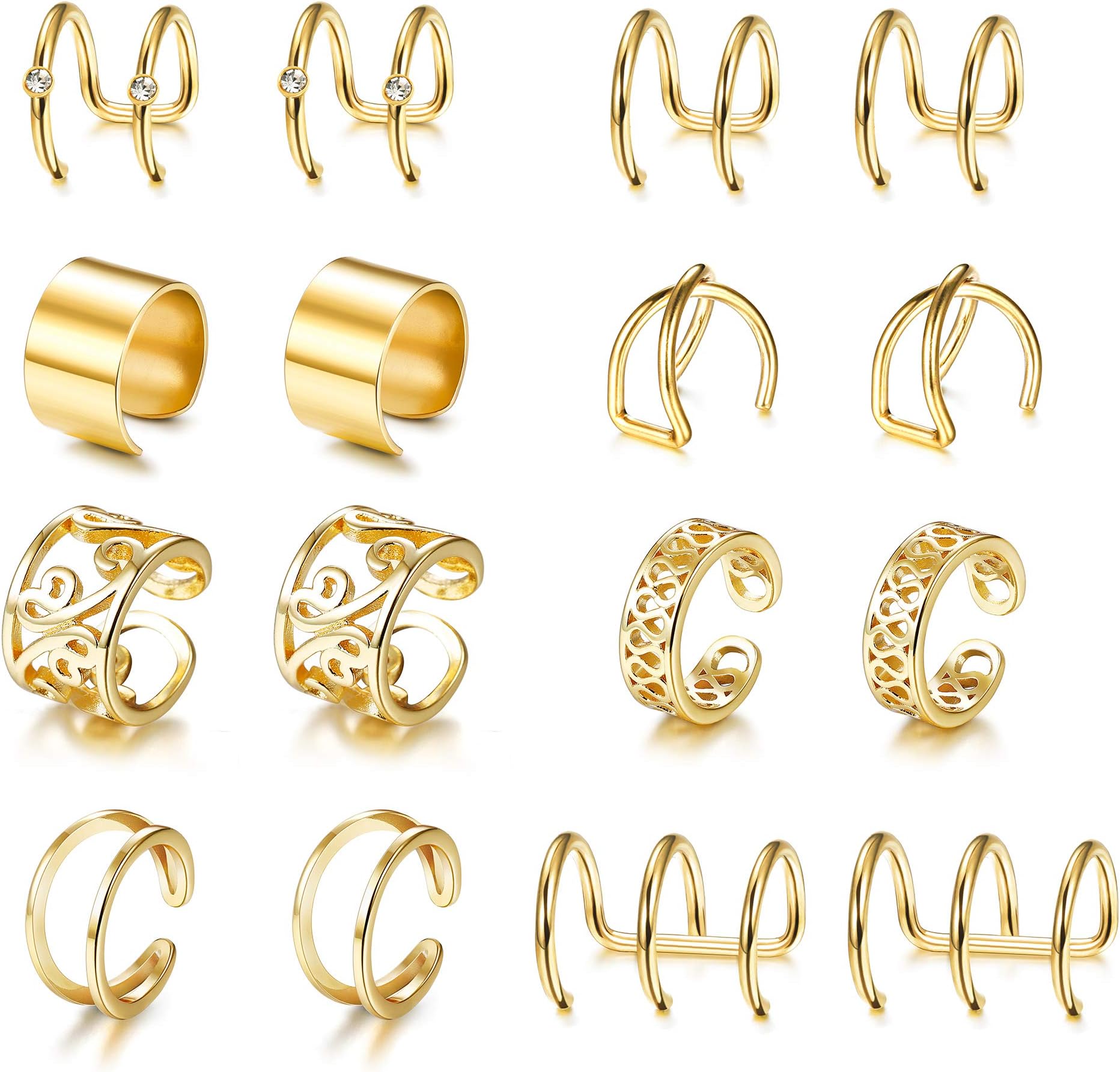 8 Pairs Gold Plated Ear Cuff Earrings for Women Adjustable Fake Clip On Cartilage Helix No Piercing Earrings Set Dainty Ear Clips