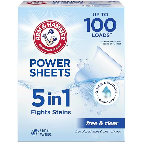 ARM & HAMMER 5IN1 POWER SHEETS LAUNDRY DETERGENT, FREE & CLEAR, 50 COUNT, UP TO 100 SMALL LOADS