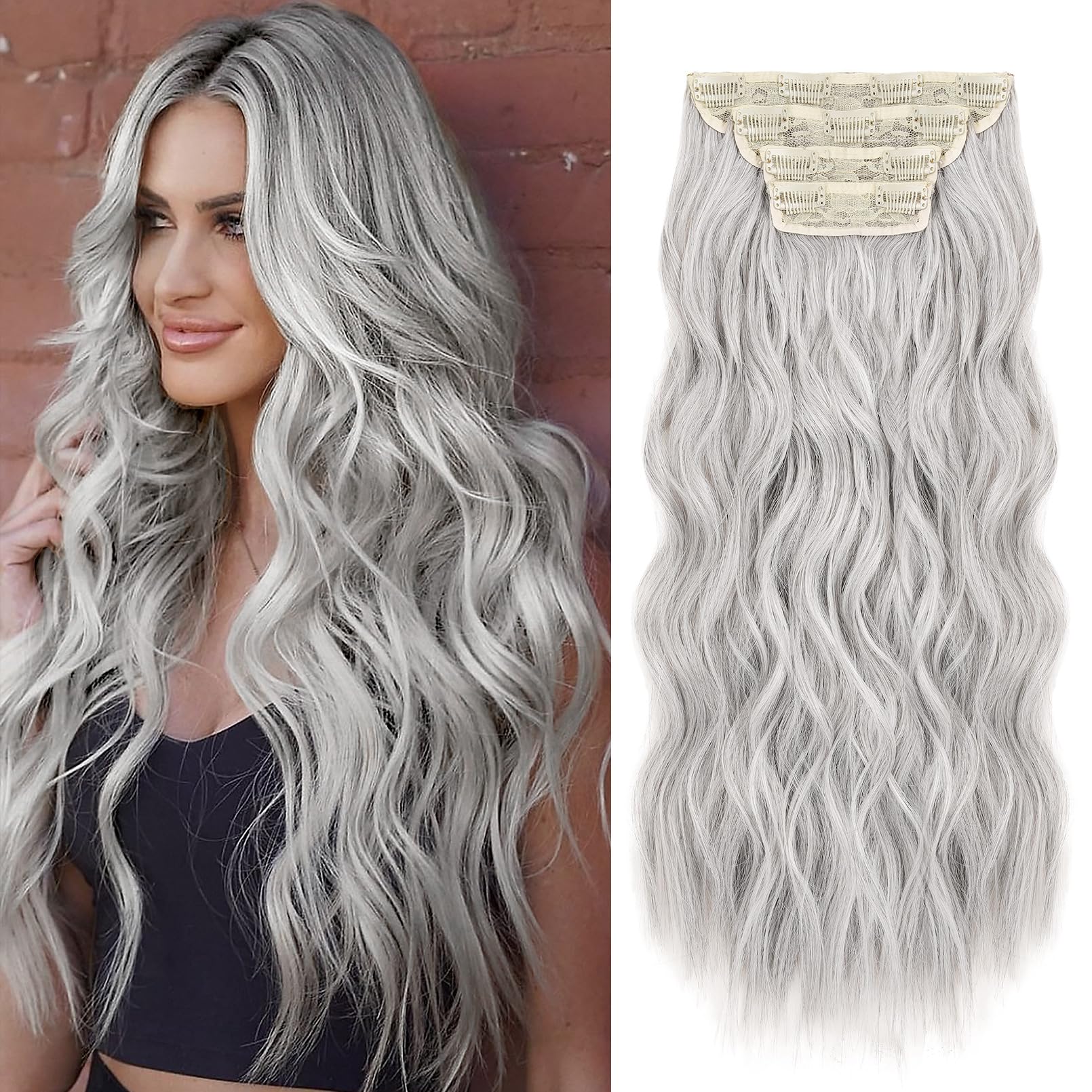 Photo 1 of REECHO Hair Extensions, 4PCS Clip in Hair Extensions HE001 Natural Soft Synthetic Hairpieces for Women (20 Inch-200 Gram (Pack of 4), Grey)
