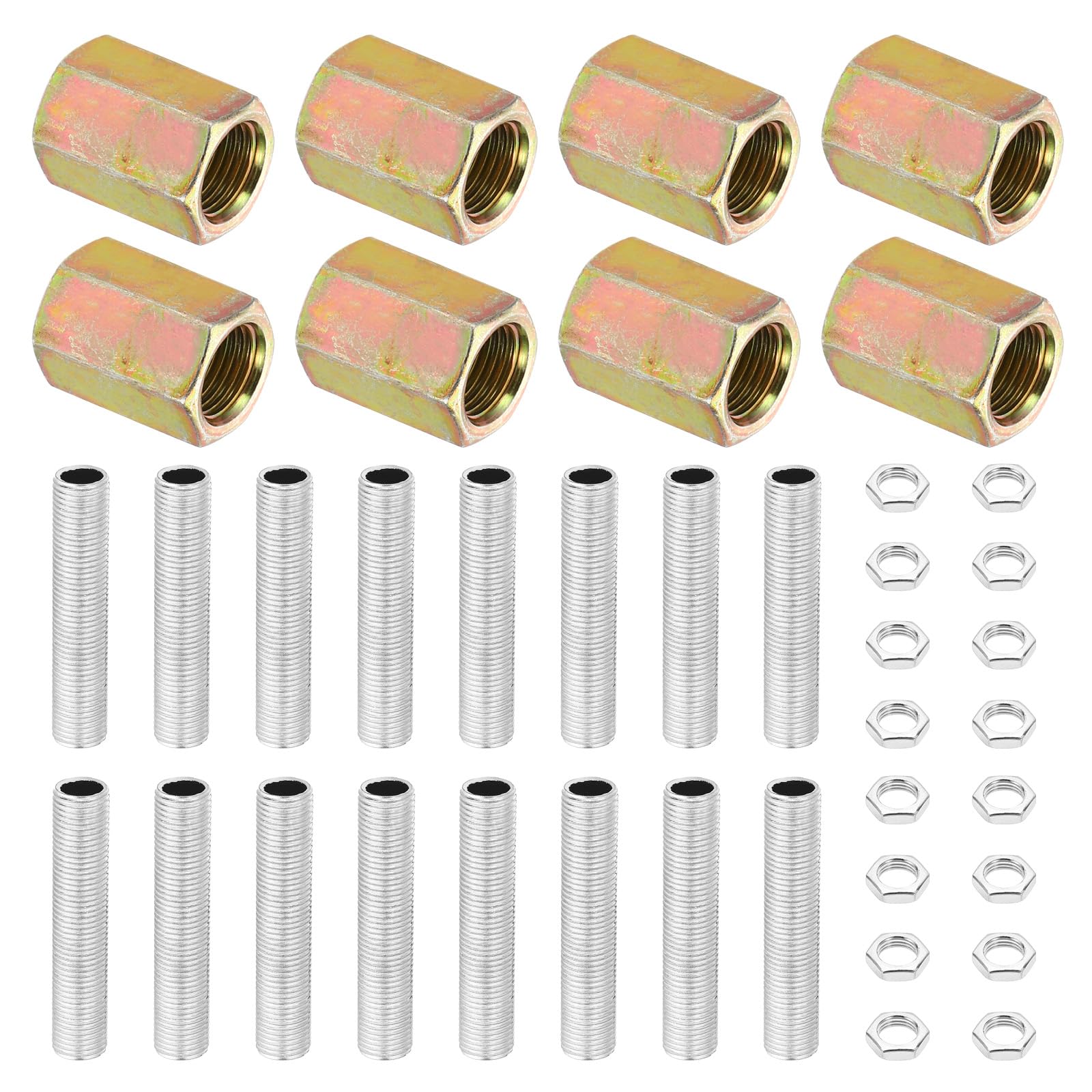 PATIKIL M10 Fine Thread Lamp Pipe Repair Kits, 40 Pcs M10×20 Metal Hexagon Closed Coupling Nut with Threaded Pipe and Hex Nut for Lighting Extension Rod