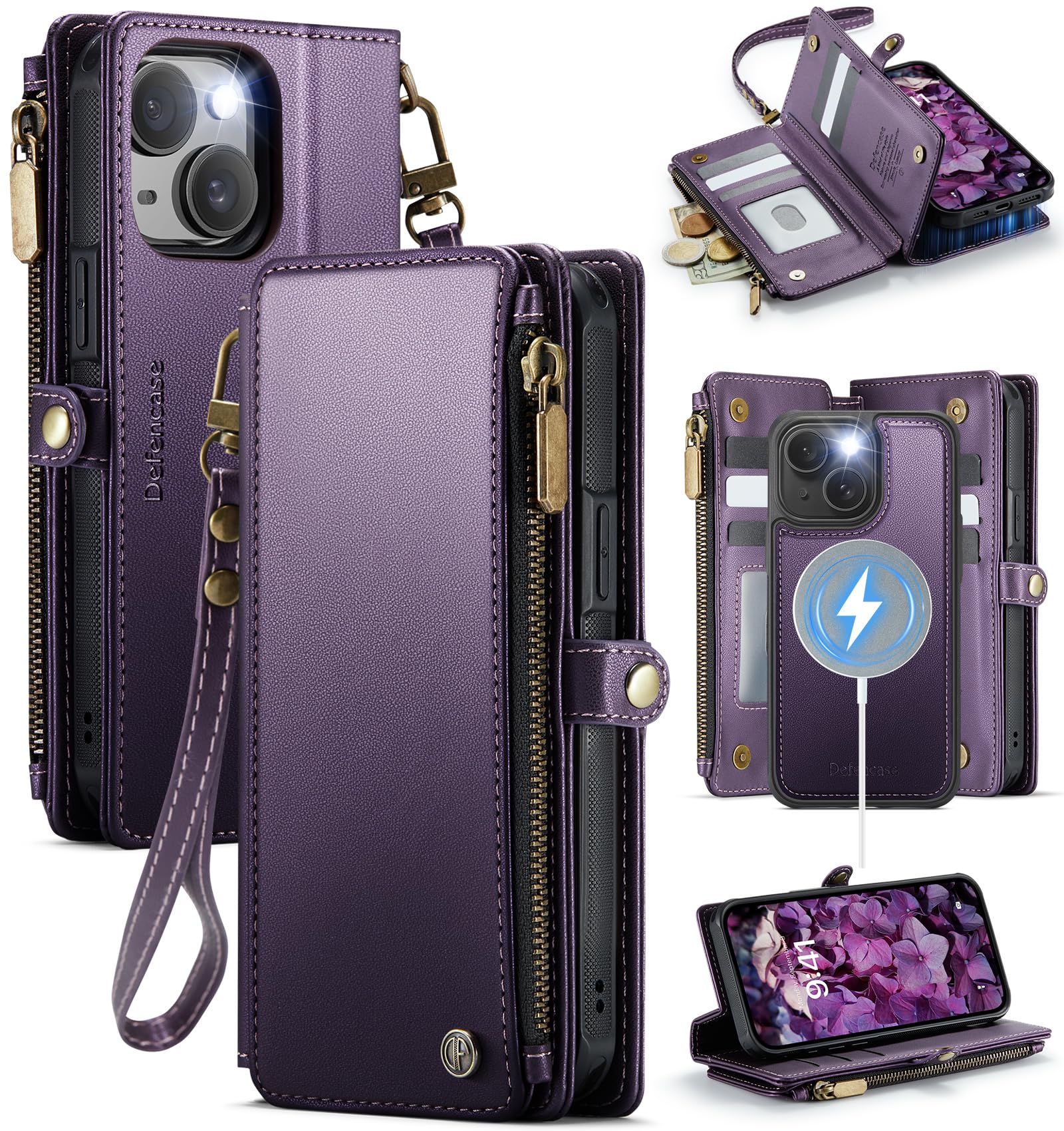 Photo 1 of Defencase for iPhone 15 Plus Magnetic Wallet Case Compatible with Magsafe with RFID Blocking Zipper Strap Card Holder for Women Men, PU Leather Detachable Case for iPhone 15 Plus (6.7 inches), Purple