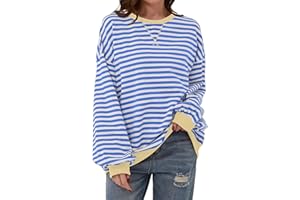 calbatic Women Oversized Striped Sweatshirt Long Sleeve Pullover Tops Crewneck Contrast Hem Shirts Vintage Fall Jumpers