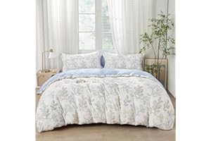 SAPHREAS Botanical Blue Leaves Pattern Duvet Cover 3pcs Blue Leaf Cotton Garden Style Bedding Comforter Cover Set 1 White Duvet Cover 90"x90" 2 Pillow Shams Queen Size, Comforter Not Included