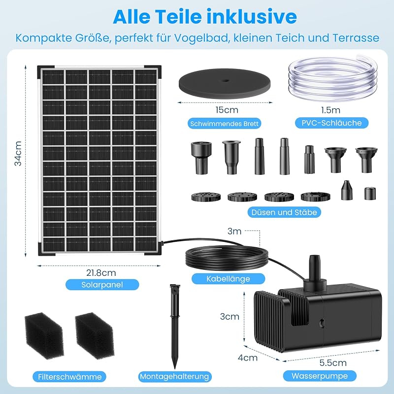 12W Solar Springbrunnen mit 5000mAh Reserveakku bis 600L Teiche