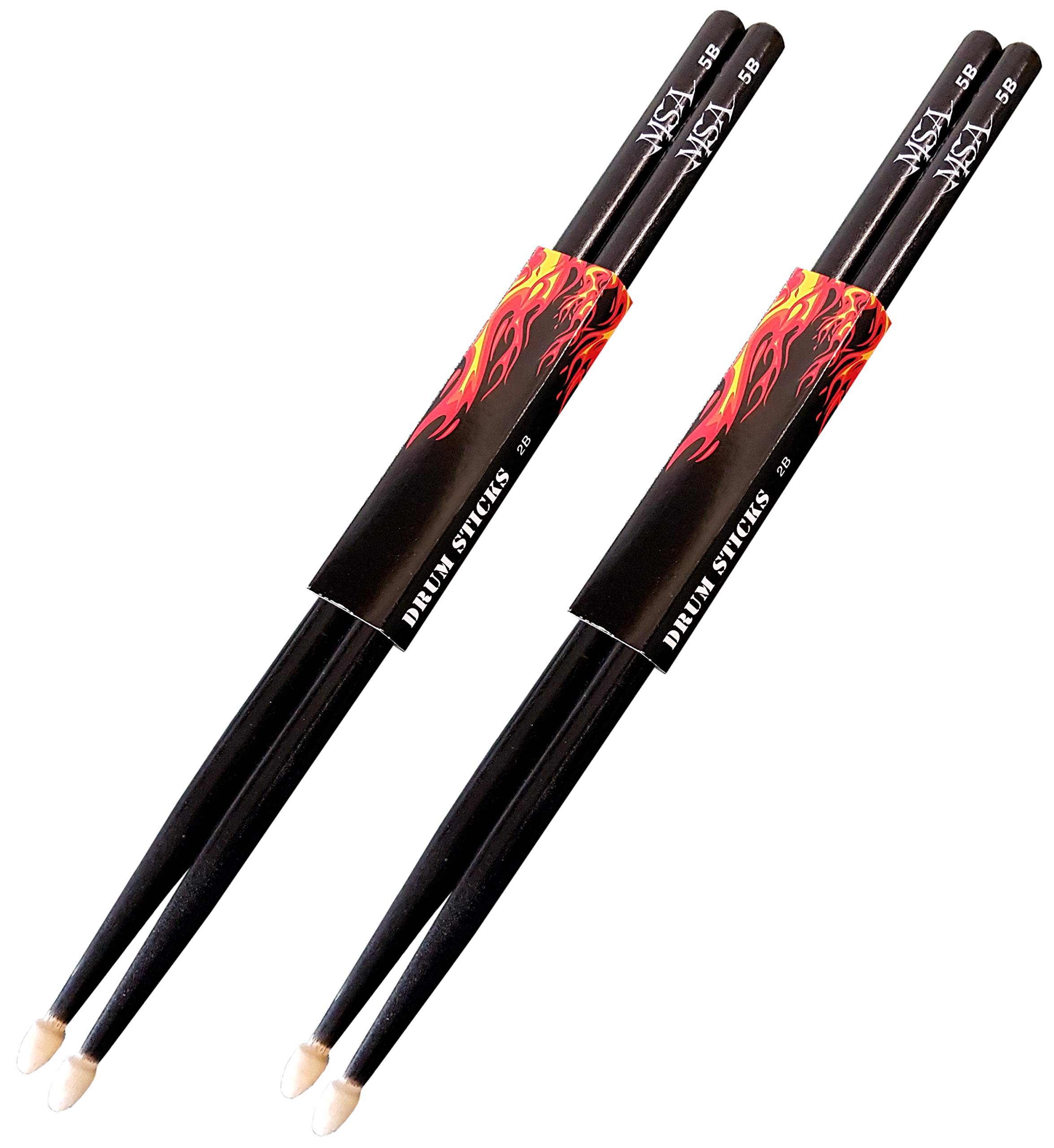 MSA 2 Pairs of Drumsticks, Black, 5B (4 pieces), Maple Wood, Percussion Mallets, Wooden Head