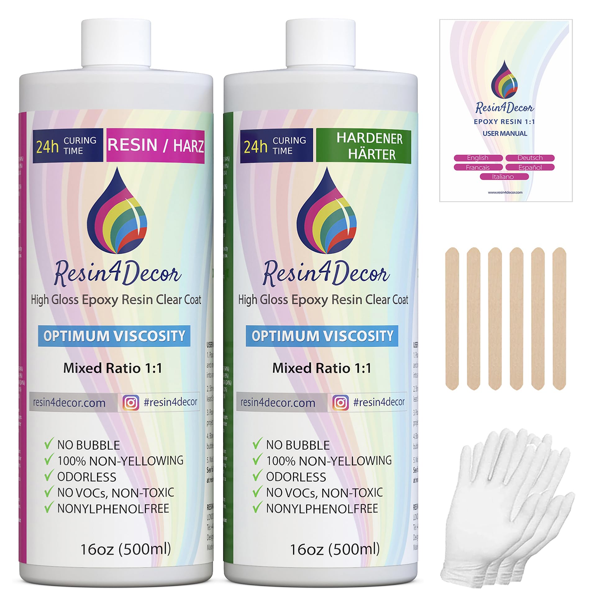 Epoxy Resin RESIN4DECOR 1:1 Casting Crystal Clear Adhesive for Arts Crafts Jewelry Making Molds and DIY Projects Non-Yellowing Non-Toxic High-Gloss Finish 12-24 Hour Cure Time Odorless - 1000ml