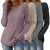 Velvelhall 4 Pack Women's Long Sleeve Shirts Boat Neck Ribbed Knit Sweaters with Thumb Holes Loose Fit Casual Tops