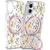 Loheckle for iPhone 16 Plus Case with Stand- Compatible with MagSafe Women Girls Cute Clear Girly Aesthetic Unique Design Soft TPU Magnetic Ring Phone Cover for Apple 16 Plus, Flower Bear