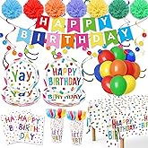 Happy Birthday Decorations - 156pc Rainbow Party Set with Plates, Napkins, Banner, Cups, Balloons (Serves 24)