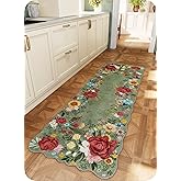 NoiFamo Kitchen Rug Runners for Hallways: 2x6 Washable Runner Rugs for Kitchen Ultra Thin Stain Resistant Non Slip Low Pile Lightweight Vintage Floral Carpet for Laundry Room, Bedside Decor (Green)