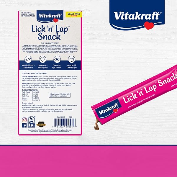 VITAKRAFT LICK ‘N’ LAP REAL CHICKEN SQUEEZEABLE LIQUID CAT TREATS, LICKABLE, CHICKEN BROTH #1 INGREDIENT, NO ARTIFICIAL COLORS, PRESERVATIVES OR ADDED SUGAR, FOR HYDRATION, 0.52 OZ. TUBES, 16 COUNT