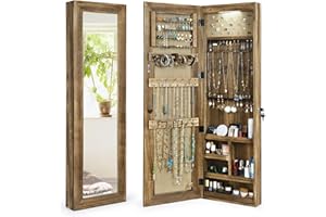 SRIWATANA Jewelry Armoire Cabinet, Solid Wood Jewelry Organizer with Full Length Mirror Wall/Door Mounted(Carbonized Black)
