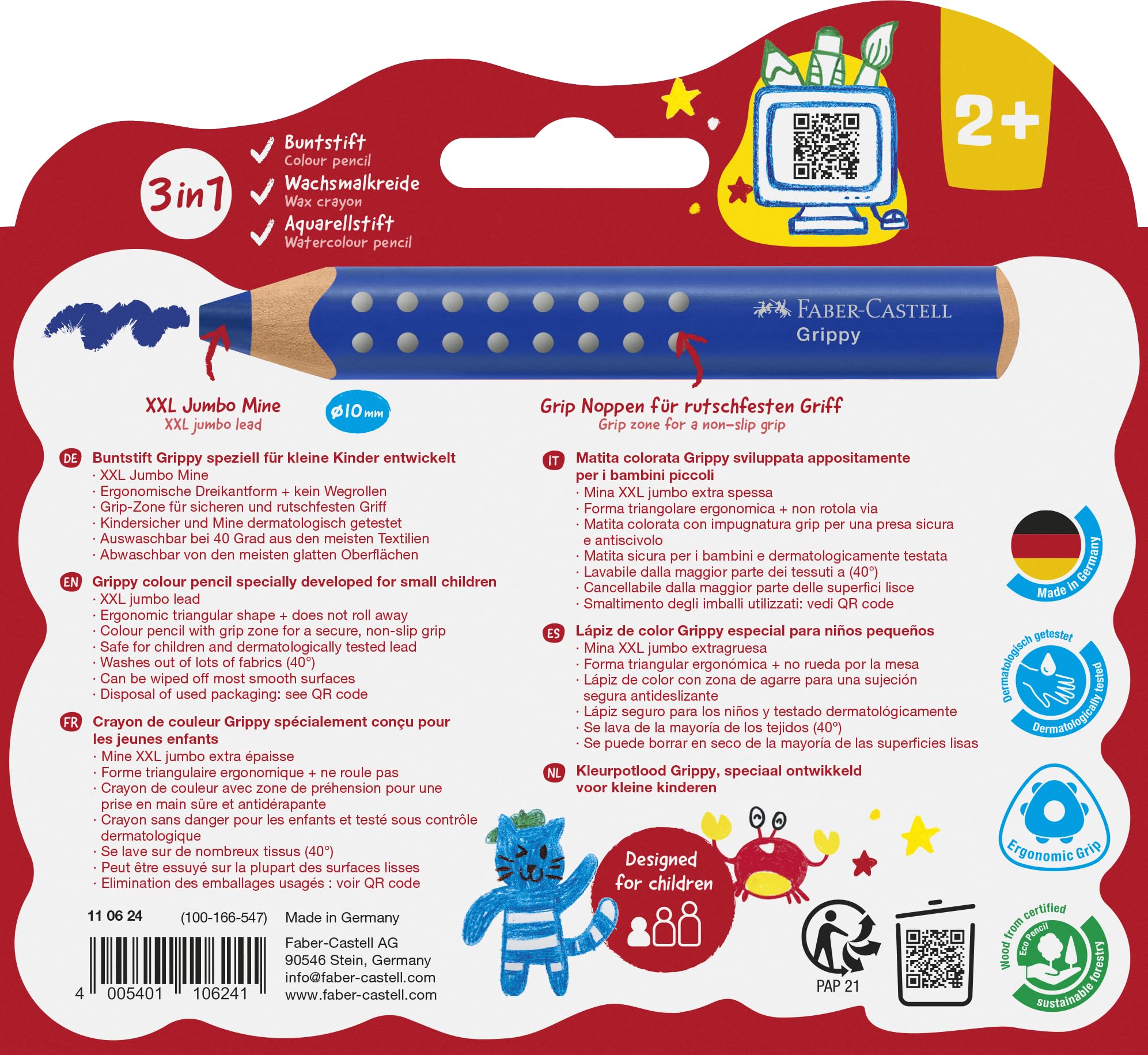 Faber-Castell 110624 Set Grippy, 10 Jumbo Buntstifte für Kleinkinder, leicht abwaschbare Malstifte für Kinder, ergonomische dreieckige Form, dicke Buntstifte, 10mm icke Mine 5