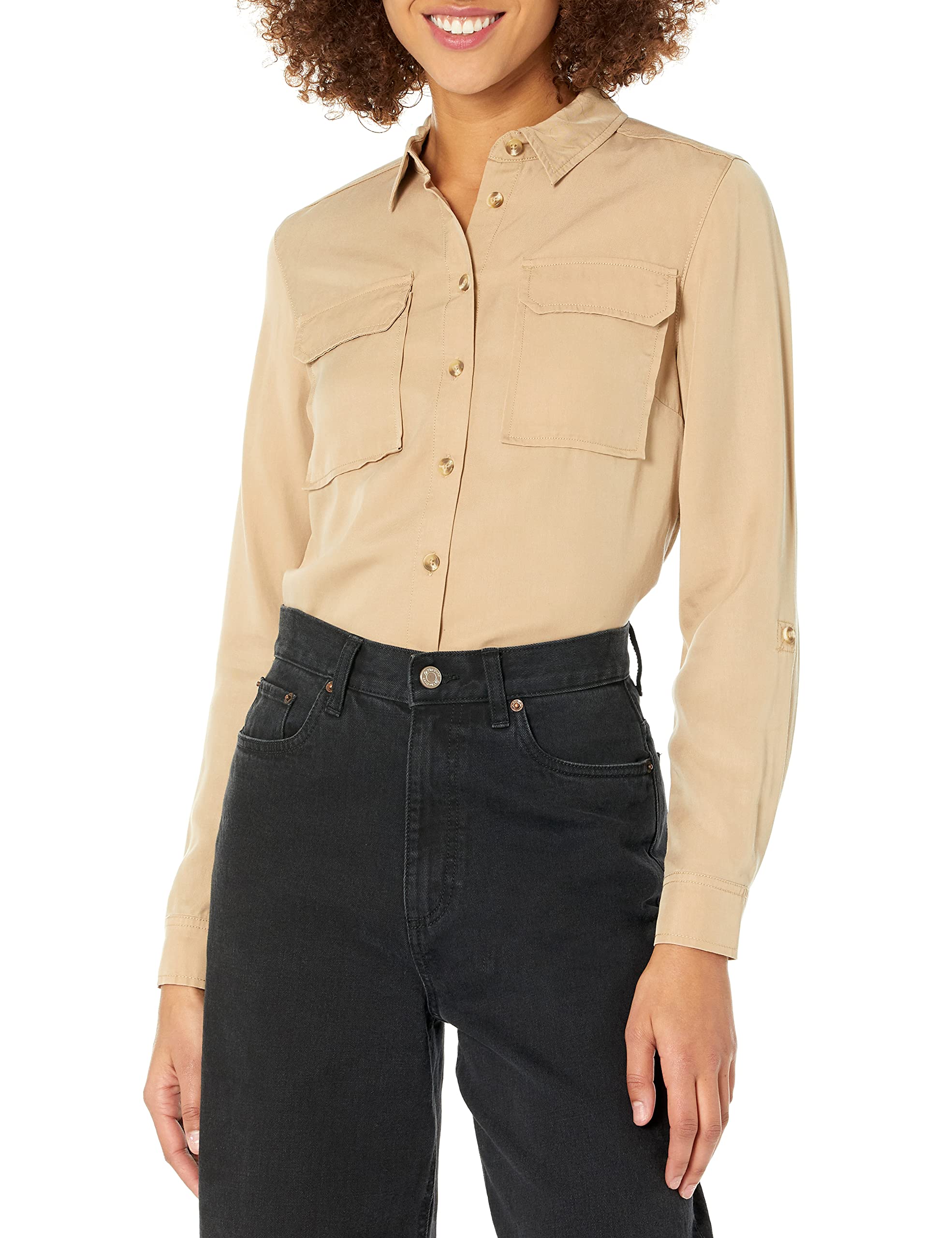 The Drop Women's Erin Long-Sleeve Loose-Fit Utility Pocket Shirt, Praline, XS