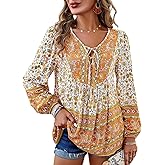Vidifid Women's Casual Floral Print V Neck Top Loose Boho Long Sleeve Beach Shirts Blouses