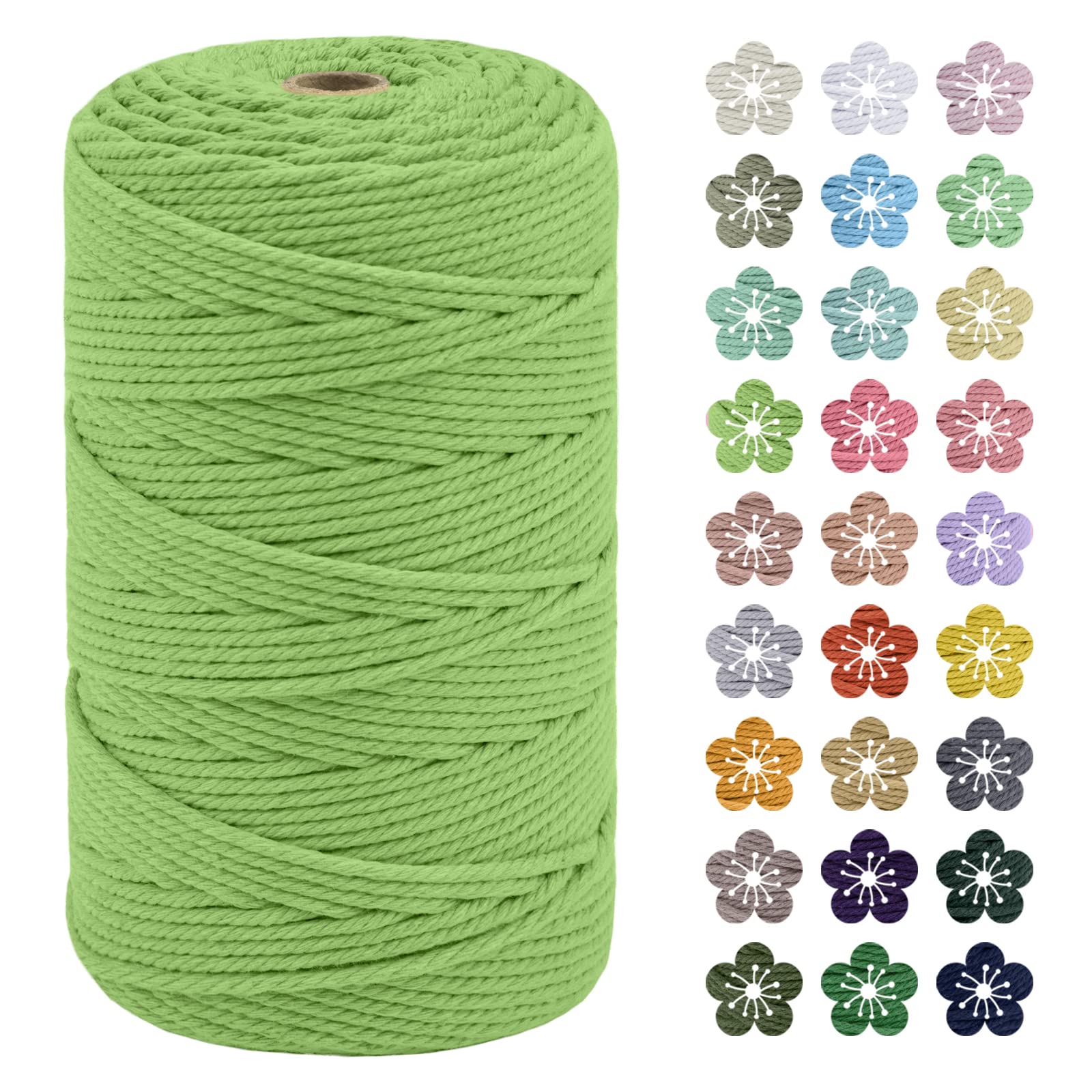 LEREATI Macrame Cord 3mm x 200m, Thick Macrame Rope Natural Cotton Rope Craft String, 4 Strand Twisted Cotton Cord Yarn for DIY Plant Hanger, Wall Hanging, Christmas Decoration (Grass green)