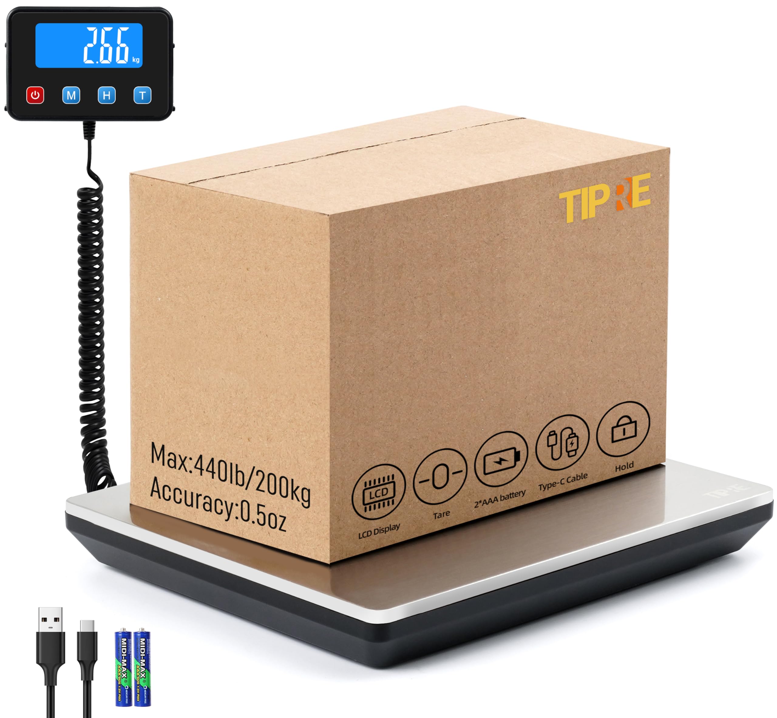 Photo 1 of TIPRE Digital Shipping Postal Scale 0.5 oz High Accuracy?440lb Commercial Weight Scale for Package, Small Business, Mail, Warehouse, Home, Battery & Charging Cable Included