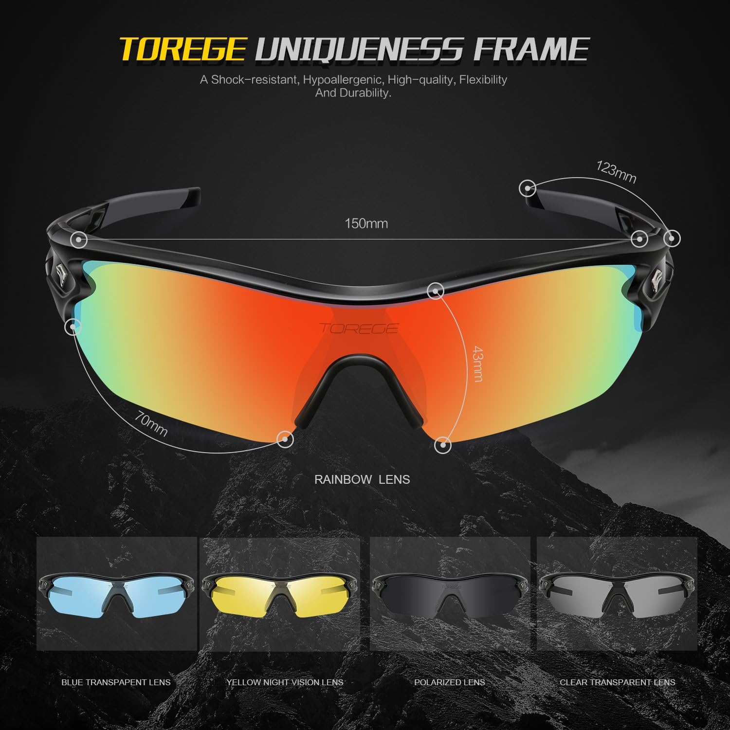Torege Polarized Sports Sunglasses With 3 Interchangeable Lenes for Men Women Cycling Running Driving Fishing Golf Baseball Glasses TR002 Upgrade(Black&Black Tips&Rainbow Lens): Clothing