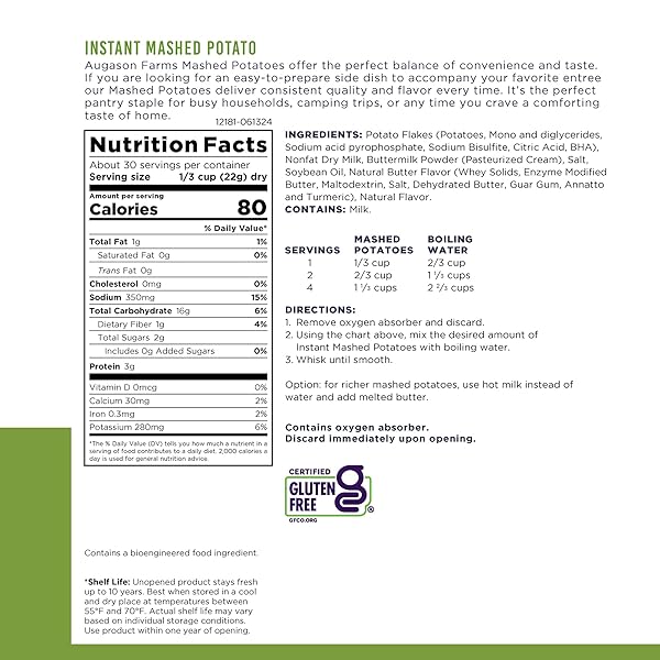 INSTANT MASHED POTATOES EMERGENCY FOOD SUPPLY, 30 SERVINGS, 10 YEAR SHELF LIFE, CERTIFIED GLUTEN FREE MASHED POTATOES, FLAVORED WITH BUTTER AND SALT – DEHYDRATED MEALS, SURVIVAL FOOD CAMPING ESSENTIALS CAN